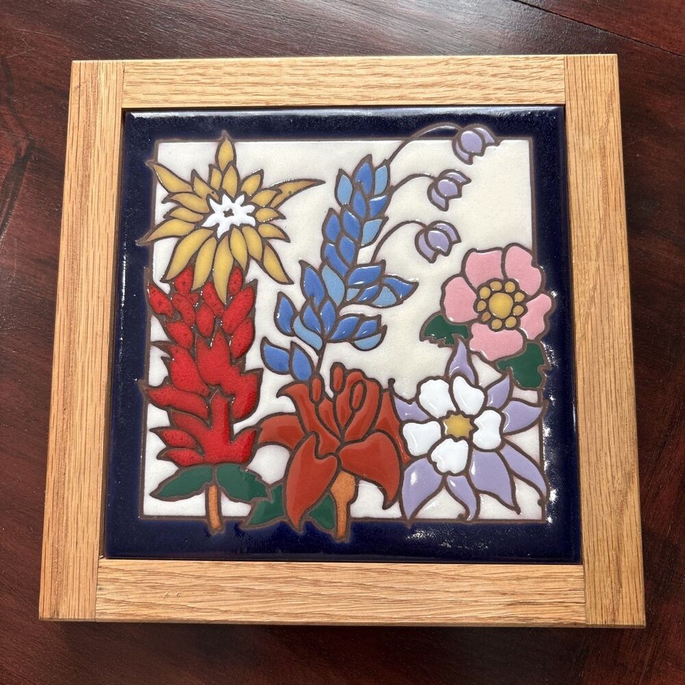 Vtg Masterworks Handcrafted Art Tile Trivet Ceramic Flower Garden